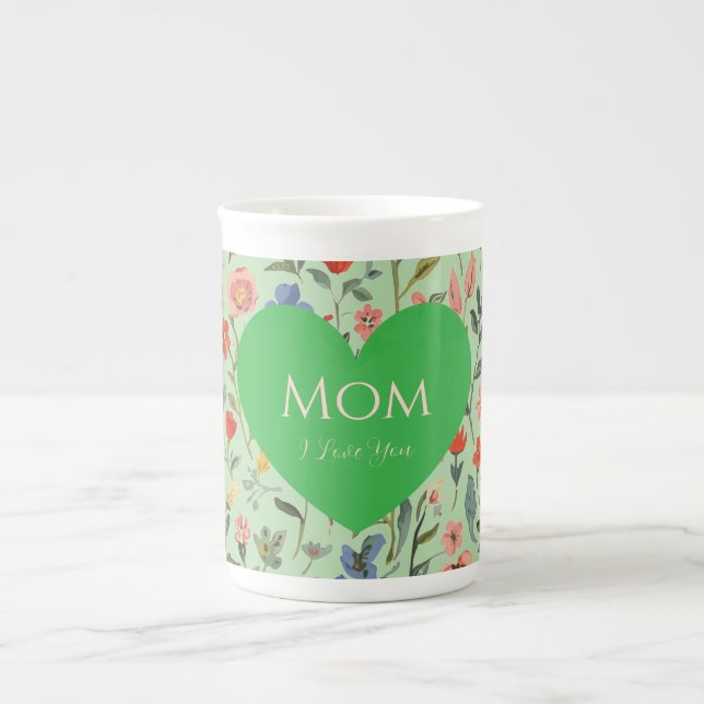 Mors dag ,Jag älskar dig,Blommönster,Kärlekshjärta Benporslin Mugg (Framsidan)
