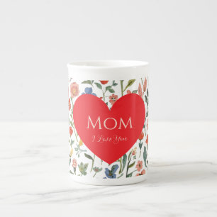 Mors dag ,Jag älskar dig,Blommönster,Kärlekshjärta Benporslin Mugg