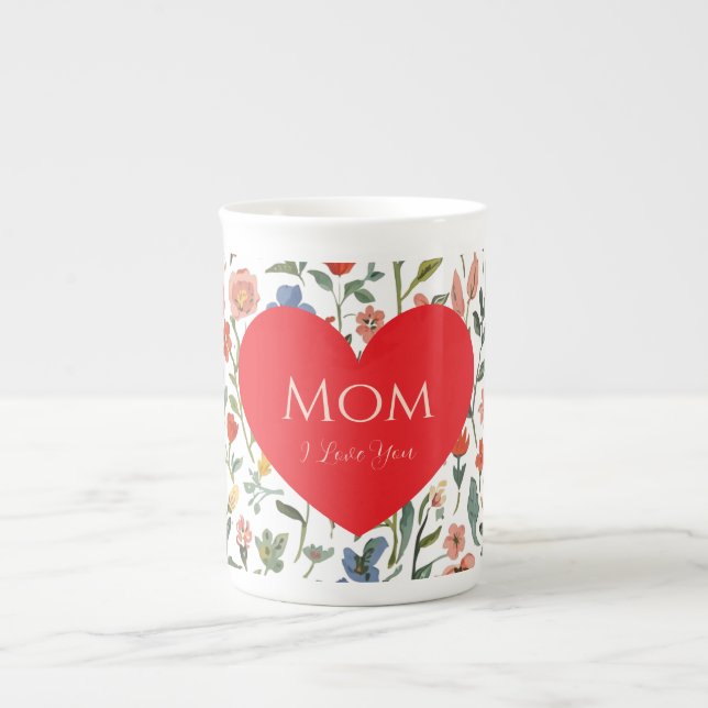 Mors dag ,Jag älskar dig,Blommönster,Kärlekshjärta Benporslin Mugg (Framsidan)