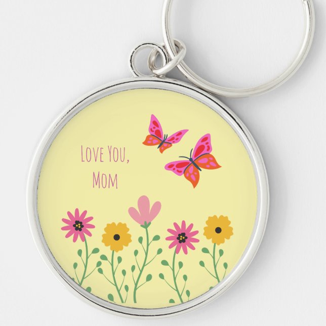 Mors dag,Jag älskar dig Mamma,Blommönster   Rund Silverfärgad Nyckelring (Framsidan)