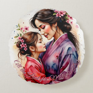 Mors dag Kimono Art med Blommigt Embrace Rund Kudde