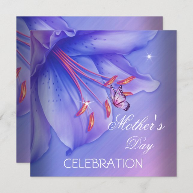 Mors dag Lila Rosa Lilac Butterfly Flowers Inbjudningar (Fram/baksida)