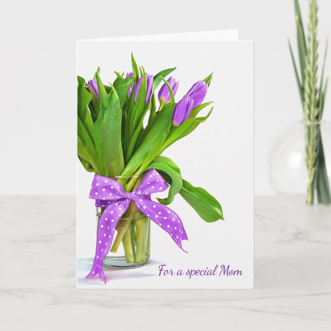 Mors dag lila tulip bouquet på vitt kort (Framsida)