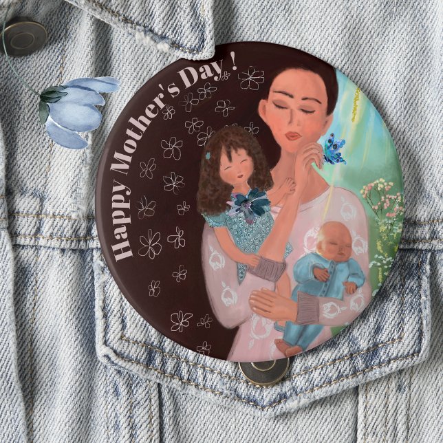 Mors dag med barnknapp knapp (Happy Mothers Day with kids Button, beautiful whimsical button)