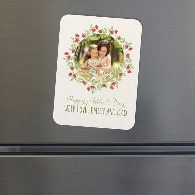 Mors dag minimalistisk Ro-vattenfärgsutandning i Magnet (Personalized photo magnet with rose floral wreath and personalized.)