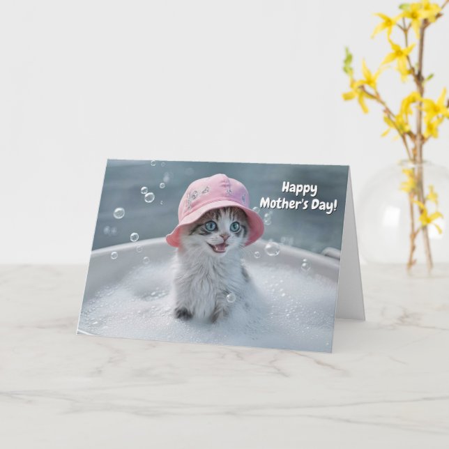 Mors dag Mysig och rolig katt bubbelbad Kort (Gul blomma)