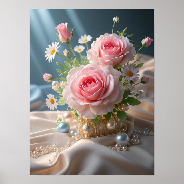 Mors dag Ömtåliga rosa rosor och vita prästkragar Poster (Framsidan)