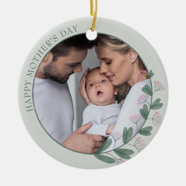 Mors dag Photo Framed med Rosa Wildblomma Julgransprydnad Keramik (Framsidan)