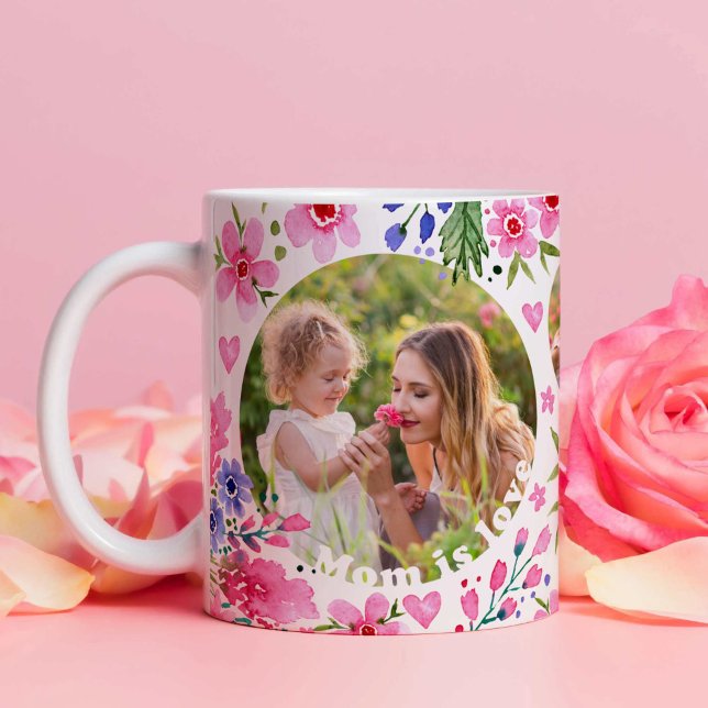 Mors dag Photo Keepsak Watercolor Blommigt Rosa Kaffemugg (Mothers Day Photo Keepsake Watercolor Florals Pink Coffee Mug)