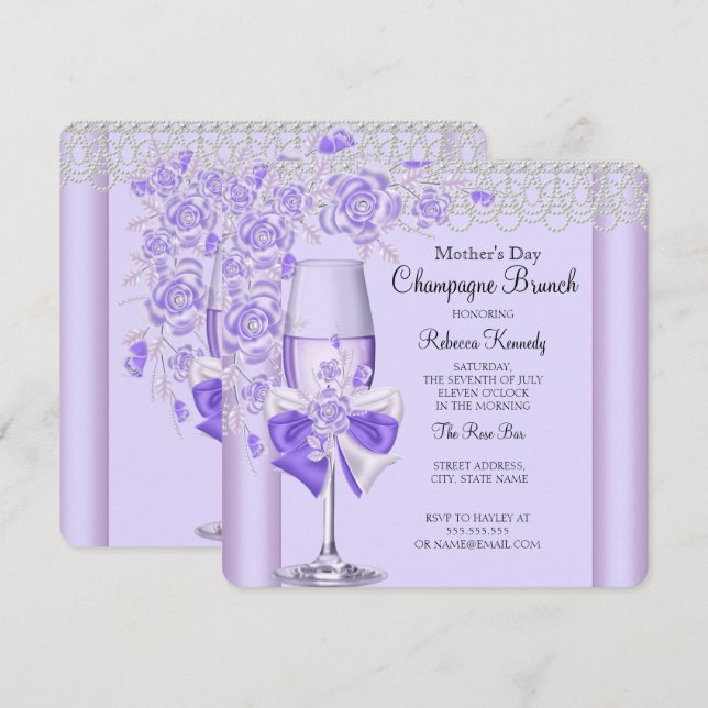 Mors dag Pretty Lilac Rose Champagne Brunch 2C Inbjudningar (Fram/baksida)