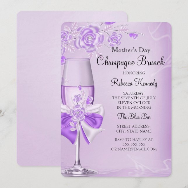 Mors dag Pretty Lilac Rose Champagne Brunch Inbjudningar (Fram/baksida)