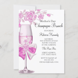 Mors dag Pretty Pink Rose Champagne Brunch 2 Inbjudningar