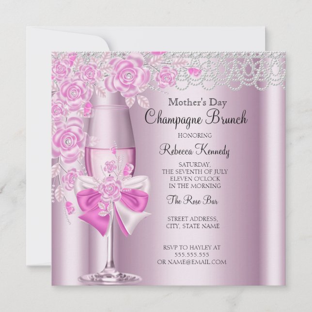 Mors dag Pretty Pink Rose Champagne Brunch 2B Inbjudningar (Framsida)