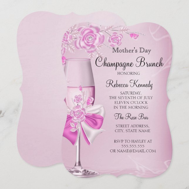 Mors dag Pretty Pink Rose Champagne Brunch Inbjudningar (Fram/baksida)
