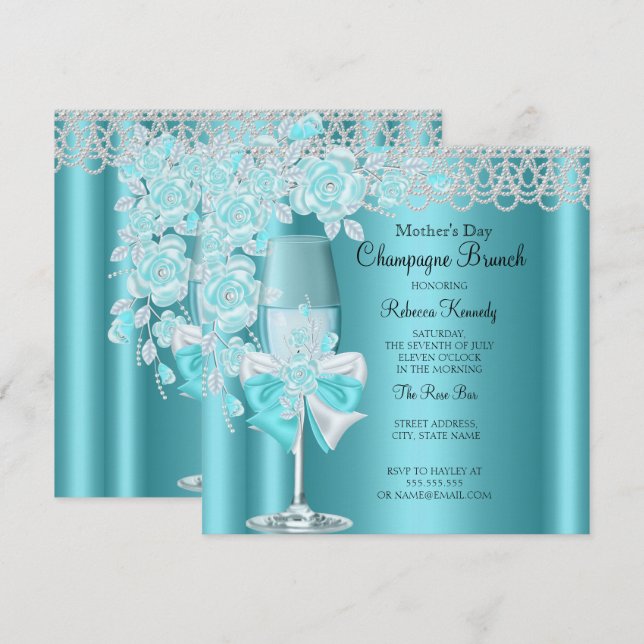 Mors dag Pretty Teal Ros Champagne Brunch 2B Inbjudningar (Fram/baksida)