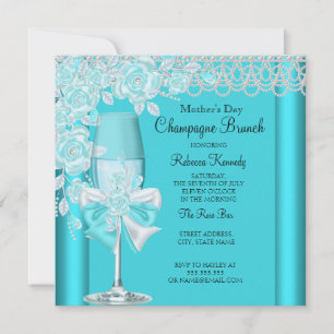Mors dag Pretty Teal Ros Champagne Brunch 2C Inbjudningar