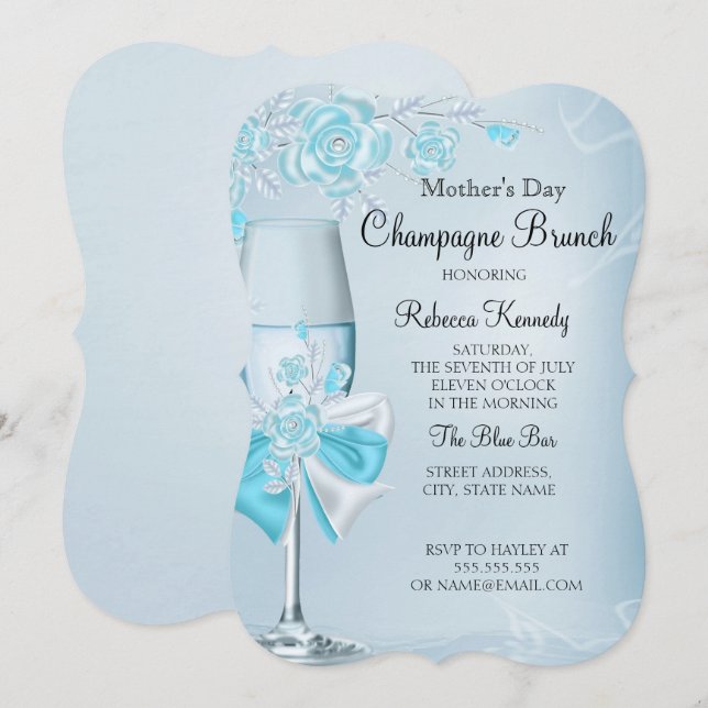 Mors dag Pretty Teal Ros Champagne Brunch Inbjudningar (Fram/baksida)