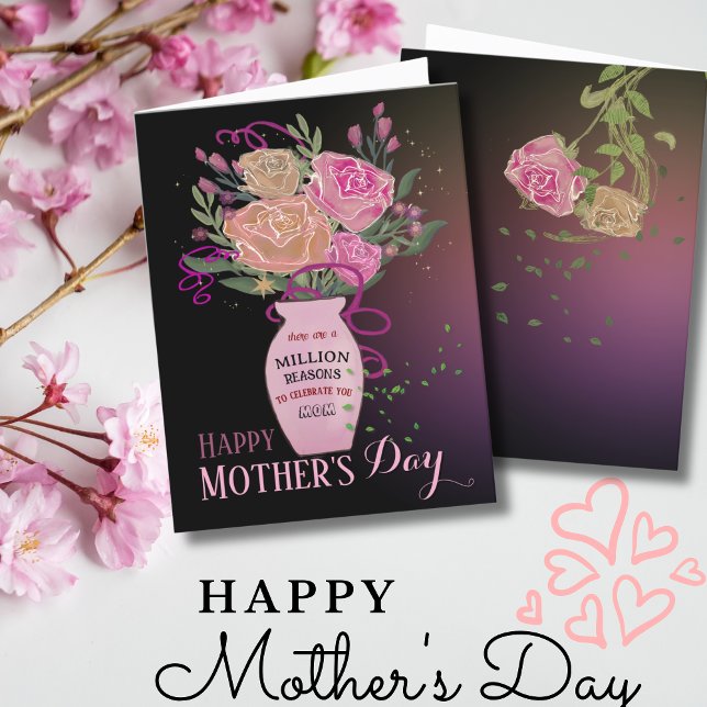 Mors dag Rosa blommor med meddelande (Mother's Day light Vase with Flowers Holiday Card (Front))