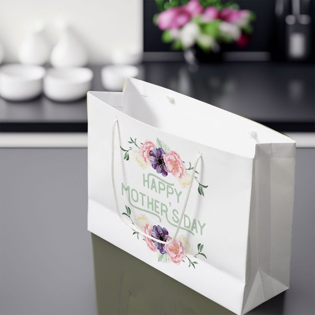 Mors dag - Rosa & Cassis Flower Garlands (Mothers Day Gift Bag - White with pink flowers and vintage green lettering)