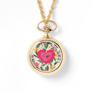 Mors dag, Rosa kärlekshjärta och blommönster Armbandsur