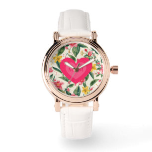 Mors dag, Rosa kärlekshjärta och blommönster Armbandsur