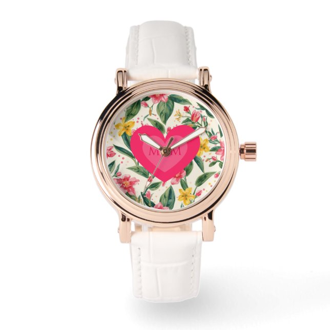 Mors dag, Rosa kärlekshjärta och blommönster Armbandsur (Framsida)
