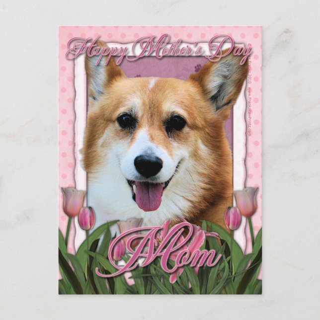Mors dag - Rosa Tulips - Corgi - Owen Vykort (Framsida)