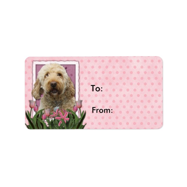 Mors dag - Rosa Tulips - Goldendoodle Adressetikett (Framsidan)