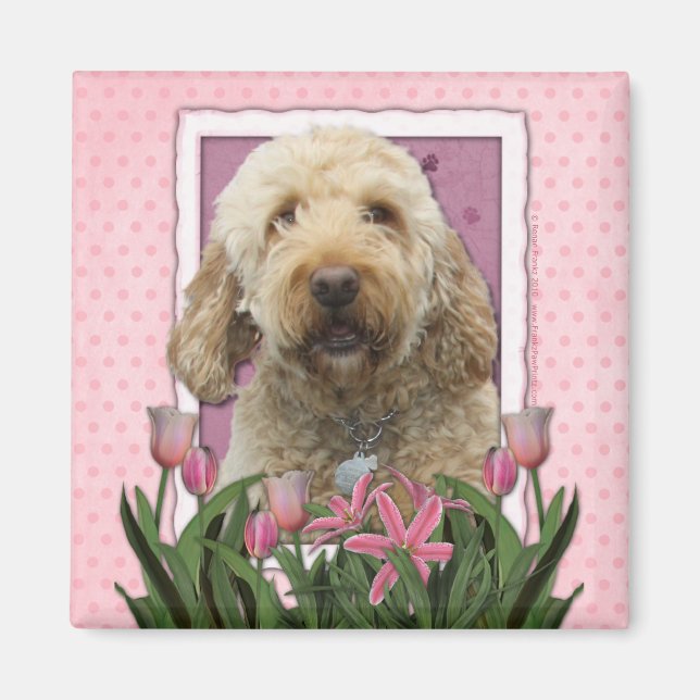 Mors dag - Rosa Tulips - Goldendoodle Magnet (Framsidan)
