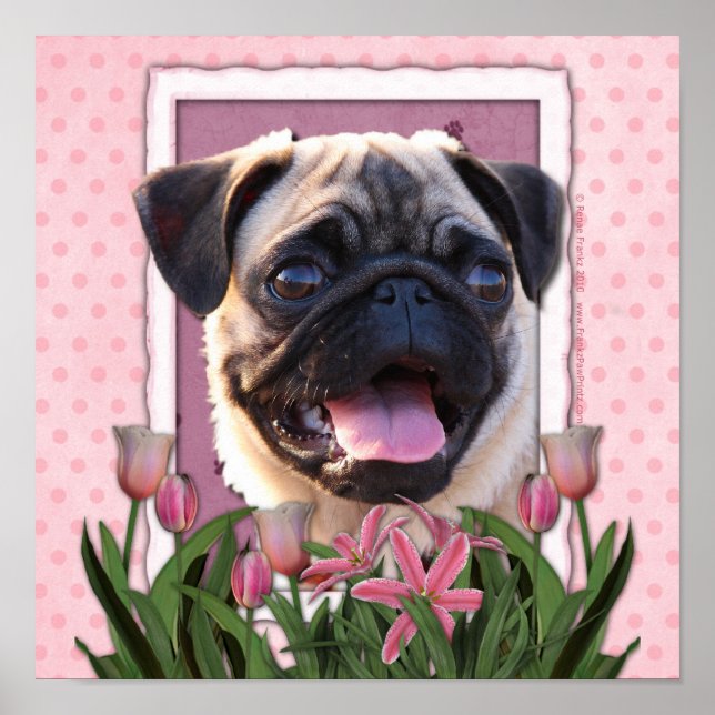 Mors dag - Rosa Tulips - Pug Poster (Framsidan)