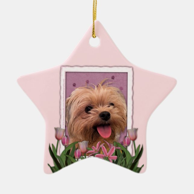Mors dag - rosa tulpan - Lacey Morkie - Julgransprydnad Keramik (Framsidan)
