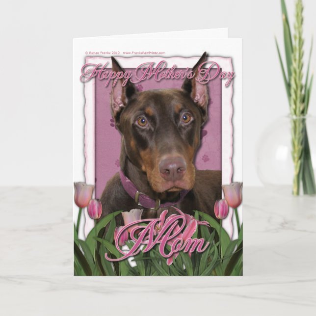 Mors dag - rosa tulpan - röd Doberman - - som är Kort (Framsida)