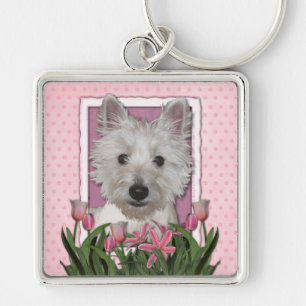 Mors dag - rosa tulpan - Westie Fyrkantig Silverfärgad Nyckelring