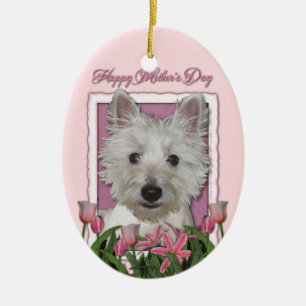 Mors dag - rosa tulpan - Westie Julgransprydnad Keramik