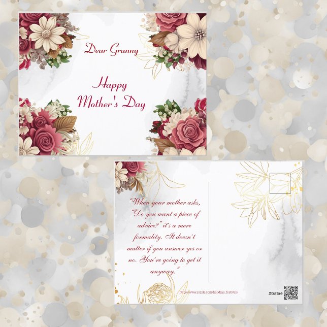 Mors dag Rustic Ro Blommigt Greenery Granny Helg Vykort (Mother's Day Rustic Roses Floral Greenery Granny Holiday Postcard)