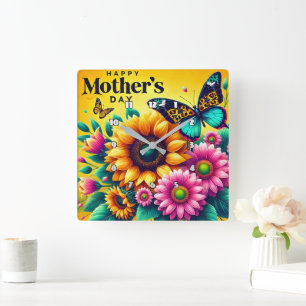Mors dag: Solblommor, fjärilar, joy Fyrkantig Klocka