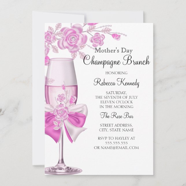 Mors dag Söt Rosa ros Champagne Brunch 2 Inbjudningar (Framsida)