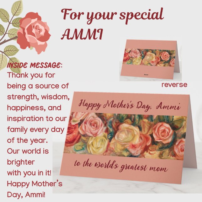 Mors dag Största Ammi Urdu Arabisk Mamma Kort (A beautiful floral roses Mother's Day card for your special Ammi (mom). All text customizable.)