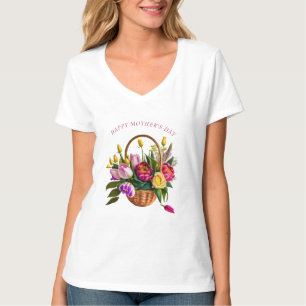 Mors dag Tulip Watercolor Flower Basket T Shirt