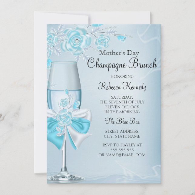 Mors dag Vacker Teal Ros Champagne Brunch Inbjudningar (Framsida)