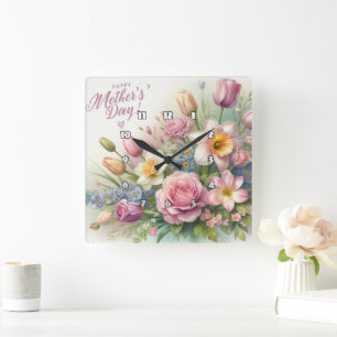 Mors dag: Vår Blommigt Bouquet Fyrkantig Klocka