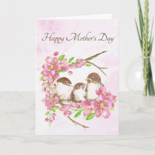 Mors dag Vår Körsbärsblommor Fåglar Helgkort