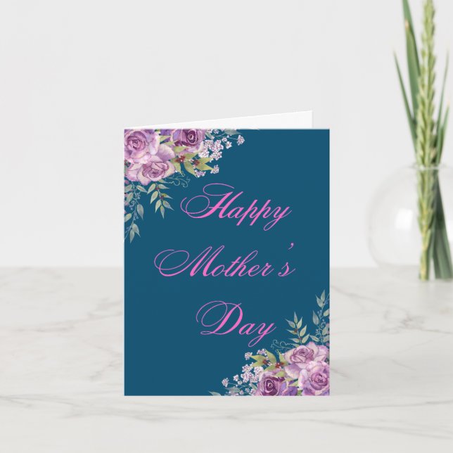 mors dag vattenfärgsblått rosa ros kort (Framsida)