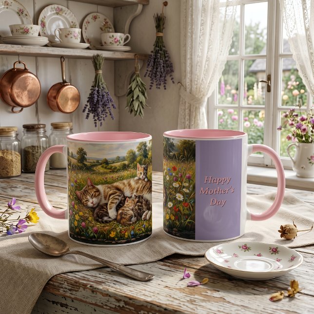 Mors dag Vildblomsäng Katt och Kattungar Mugg (Happy Mother's Day Gift Idea. Cottagecore style mom cat & kittens mug. Wildflower meadow mum gifts)