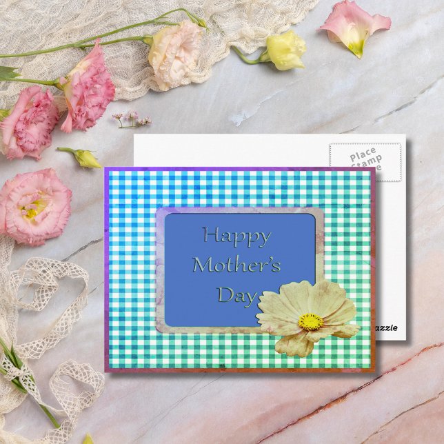 Mors dag White Flower & Gingham Design Vykort (Mother's Day White Flower & Gingham Design Postcard)