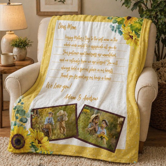 Mors dags solros kärleksbrev foto minnessak fleecefilt (A pretty yellow sunflower photo blanket with a note to Mom. Personalize it for Mom for Mother's Day)