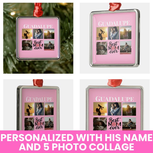 Mors dagskänker Fotokollage Monogrammerad Skrift Julgransprydnad Metall (Mothers Day Gifts Photo Collage Monogrammed Scrip Metal Ornament)
