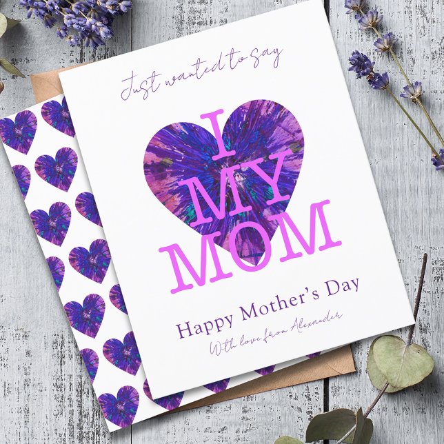 Mors dagskort jag älskar min mamma vattenfärg hjär (I love my mom slogan purple heart art Mother’s Day card)