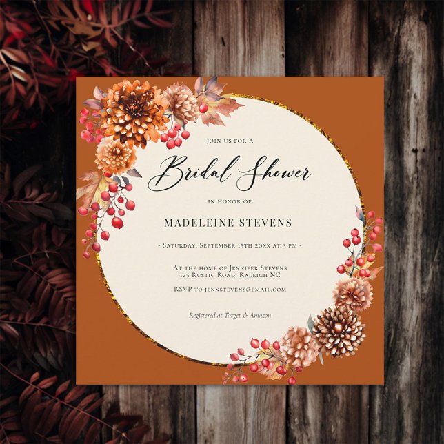 Morsa Berries Terracotta Möhippa Inbjudningar (fall floral wreath simple bridal shower invitation mums poms berries terracotta copper burgundy)