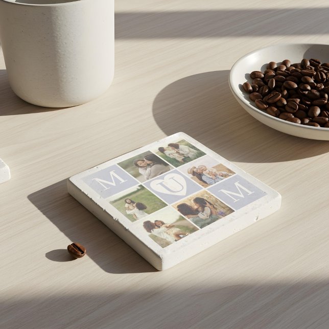 Morsa Heart Photo Collage Gird Monogram Keepsaké Stenunderlägg (Mum Heart Photo Collage Gird Monogram Keepsake Stone Coaster)